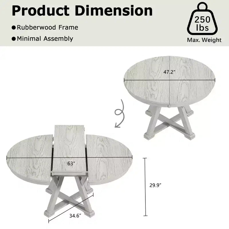 Ensemble table de salle à manger ronde extensible VECELO, table en bois d'hévéa avec 4/6 chaises de salle à manger rembourrées sans accoudoirs pour cuisine, gris