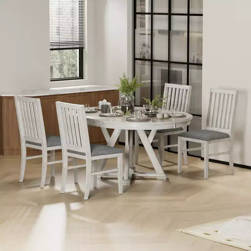 Ensemble table de salle à manger ronde extensible VECELO, table en bois d'hévéa avec 4/6 chaises de salle à manger rembourrées sans accoudoirs pour cuisine, gris