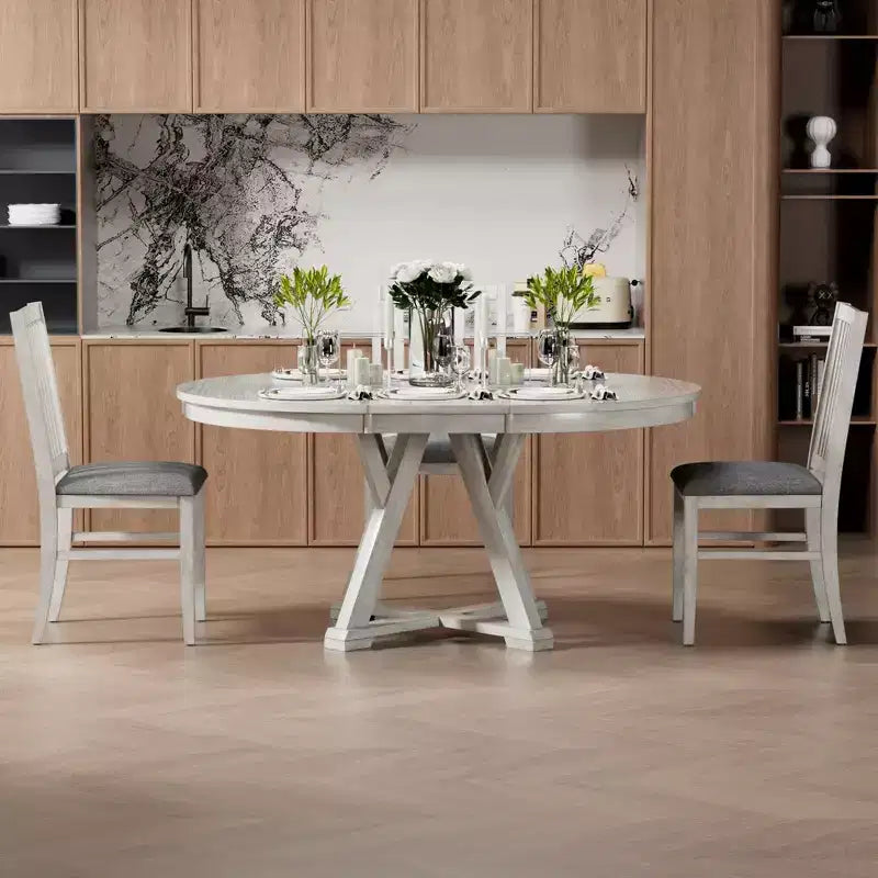 Ensemble table de salle à manger ronde extensible VECELO, table en bois d'hévéa avec 4/6 chaises de salle à manger rembourrées sans accoudoirs pour cuisine, gris