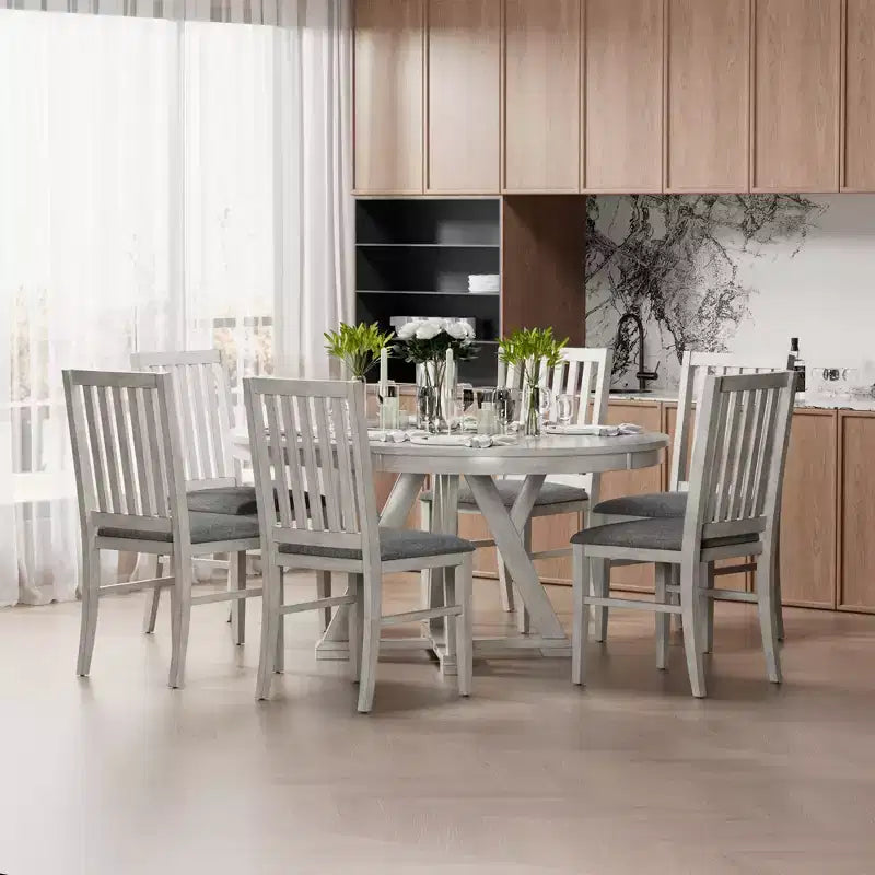 Ensemble table de salle à manger ronde extensible VECELO, table en bois d'hévéa avec 4/6 chaises de salle à manger rembourrées sans accoudoirs pour cuisine, gris