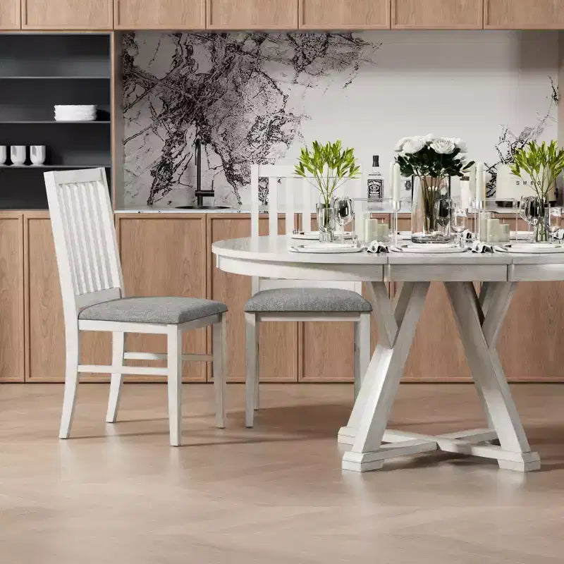 Ensemble table de salle à manger ronde extensible VECELO, table en bois d'hévéa avec 4/6 chaises de salle à manger rembourrées sans accoudoirs pour cuisine, gris