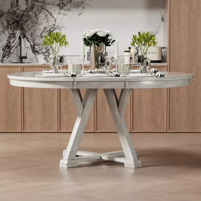 Ensemble table de salle à manger ronde extensible VECELO, table en bois d'hévéa avec 4/6 chaises de salle à manger rembourrées sans accoudoirs pour cuisine, gris