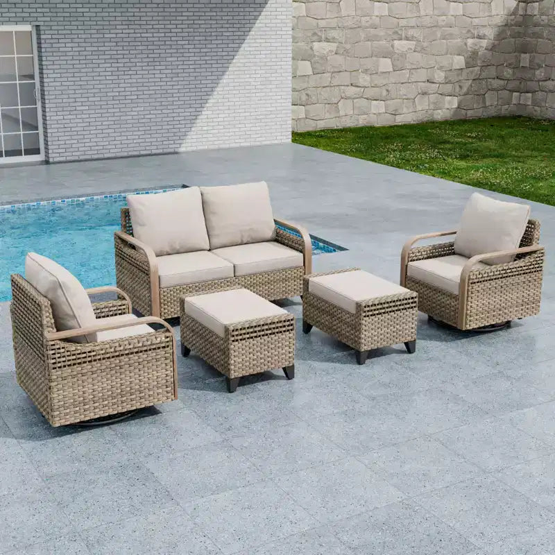 EAGLE PEAK Ensemble de conversation 5 pièces en osier pour patio extérieur, 2 fauteuils pivotants à bascule, 1 causeuse 2 places et 2 poufs
