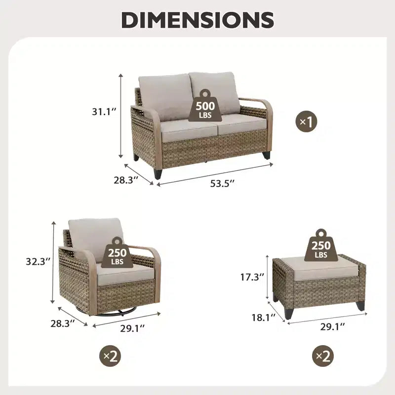 EAGLE PEAK Ensemble de conversation 5 pièces en osier pour patio extérieur, 2 fauteuils pivotants à bascule, 1 causeuse 2 places et 2 poufs