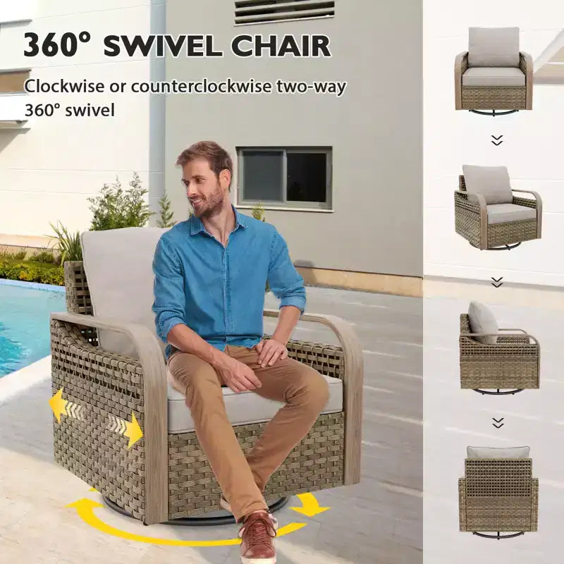 EAGLE PEAK Ensemble de conversation 5 pièces en osier pour patio extérieur, 2 fauteuils pivotants à bascule, 1 causeuse 2 places et 2 poufs