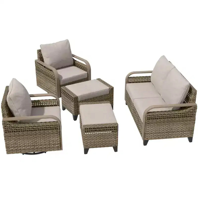 EAGLE PEAK Ensemble de conversation 5 pièces en osier pour patio extérieur, 2 fauteuils pivotants à bascule, 1 causeuse 2 places et 2 poufs