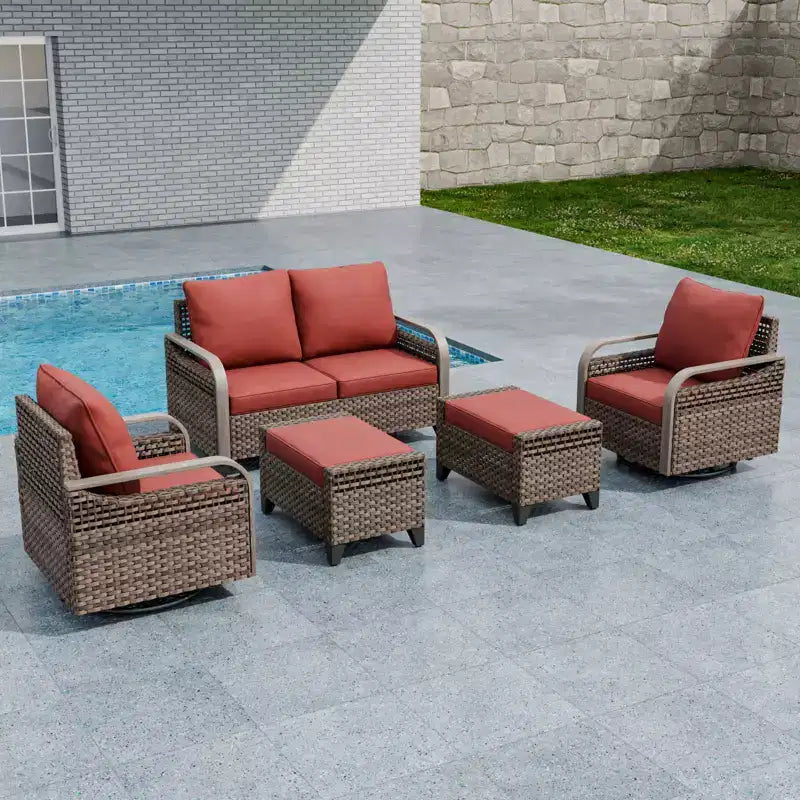 EAGLE PEAK Ensemble de conversation 5 pièces en osier pour patio extérieur, 2 fauteuils pivotants à bascule, 1 causeuse 2 places et 2 poufs
