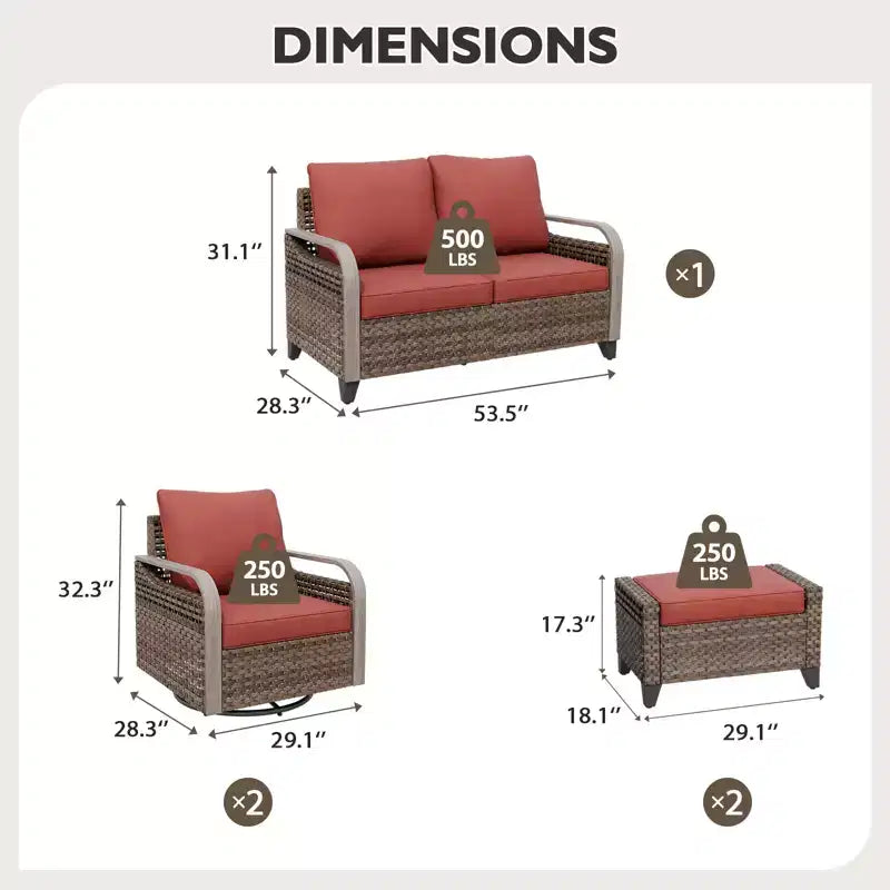 EAGLE PEAK Ensemble de conversation 5 pièces en osier pour patio extérieur, 2 fauteuils pivotants à bascule, 1 causeuse 2 places et 2 poufs