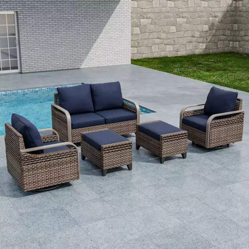 EAGLE PEAK Ensemble de conversation 5 pièces en osier pour patio extérieur, 2 fauteuils pivotants à bascule, 1 causeuse 2 places et 2 poufs