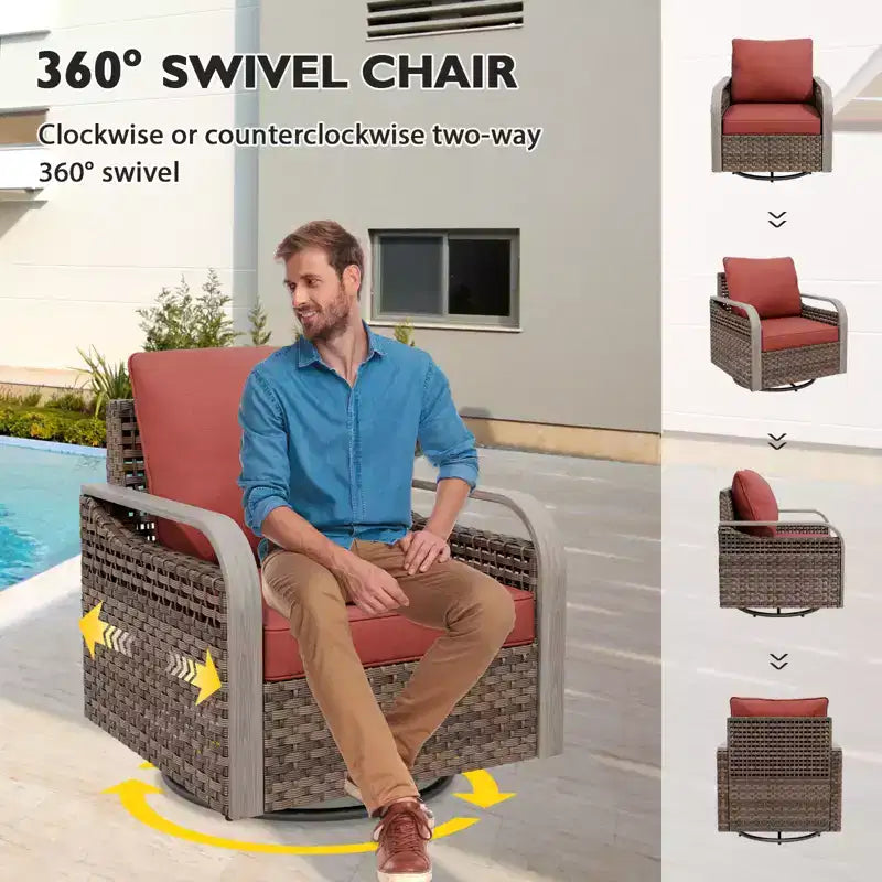 EAGLE PEAK Ensemble de conversation 5 pièces en osier pour patio extérieur, 2 fauteuils pivotants à bascule, 1 causeuse 2 places et 2 poufs