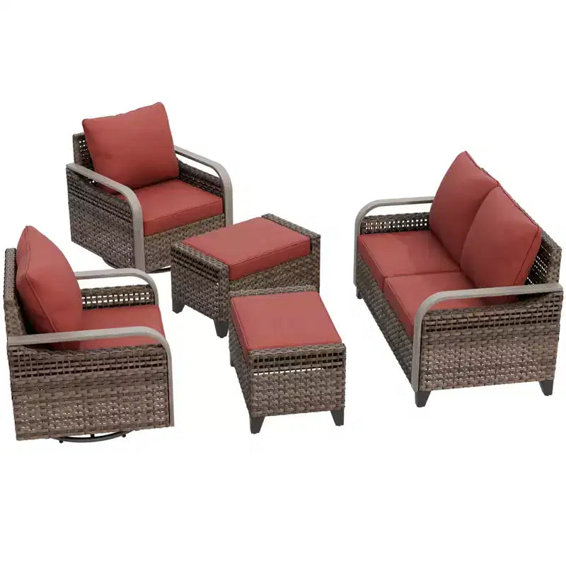 EAGLE PEAK Ensemble de conversation 5 pièces en osier pour patio extérieur, 2 fauteuils pivotants à bascule, 1 causeuse 2 places et 2 poufs