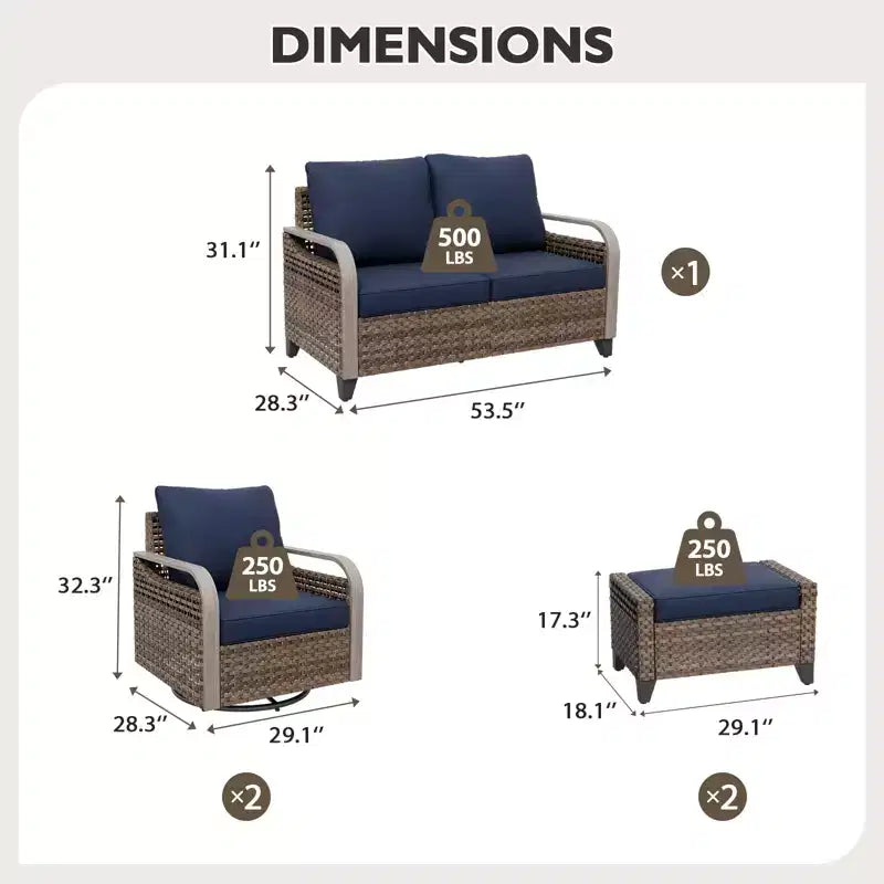 EAGLE PEAK Ensemble de conversation 5 pièces en osier pour patio extérieur, 2 fauteuils pivotants à bascule, 1 causeuse 2 places et 2 poufs