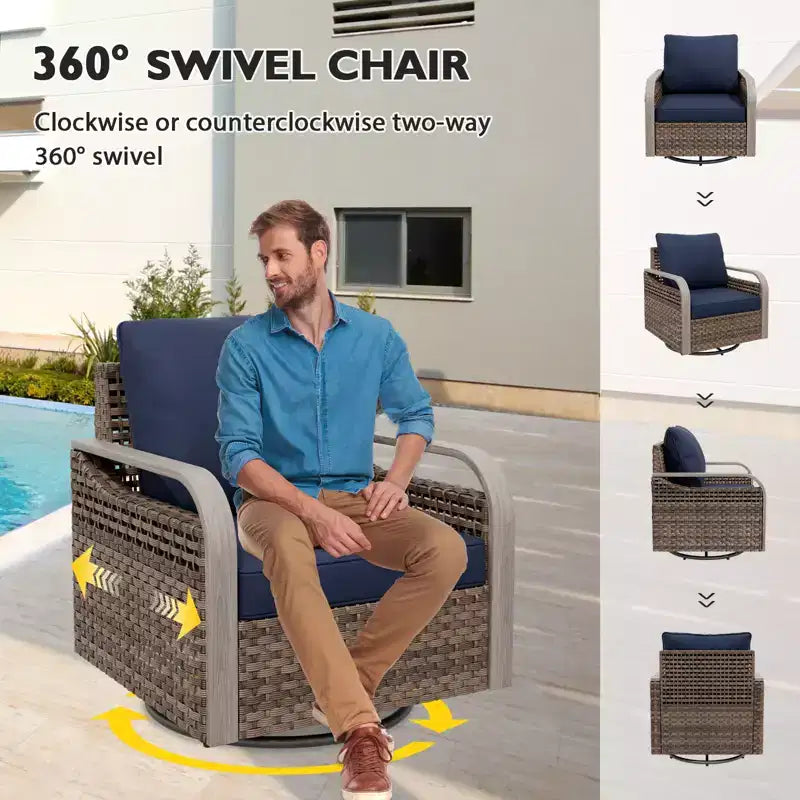 EAGLE PEAK Ensemble de conversation 5 pièces en osier pour patio extérieur, 2 fauteuils pivotants à bascule, 1 causeuse 2 places et 2 poufs