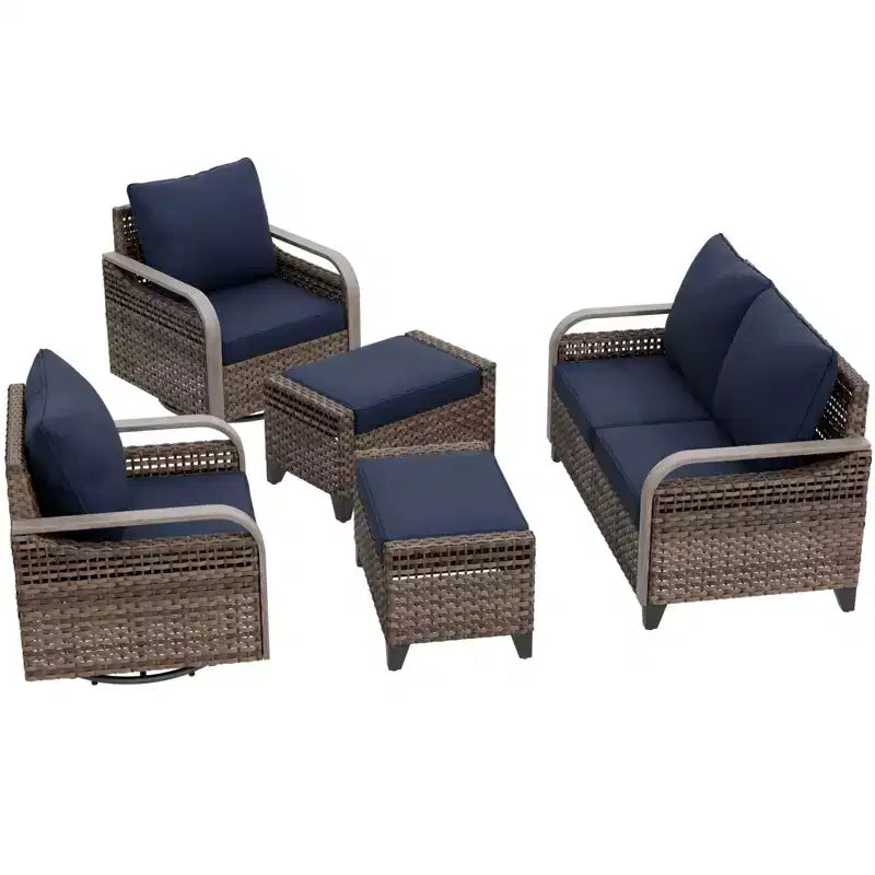 EAGLE PEAK Ensemble de conversation 5 pièces en osier pour patio extérieur, 2 fauteuils pivotants à bascule, 1 causeuse 2 places et 2 poufs