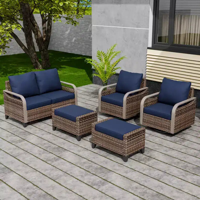 EAGLE PEAK Ensemble de conversation 5 pièces en osier pour patio extérieur, 2 fauteuils pivotants à bascule, 1 causeuse 2 places et 2 poufs