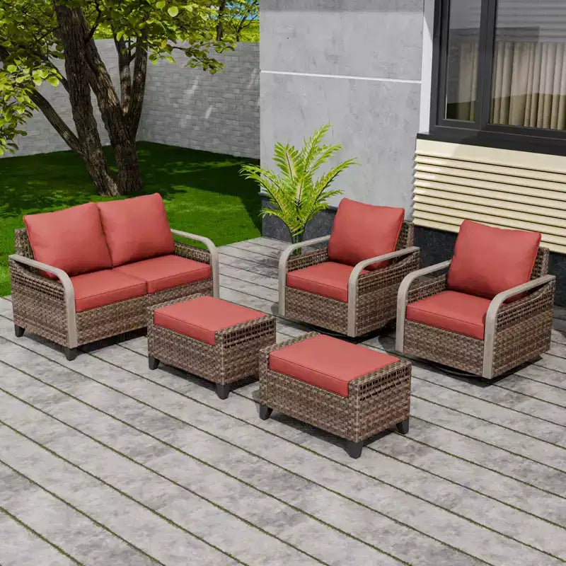 EAGLE PEAK Ensemble de conversation 5 pièces en osier pour patio extérieur, 2 fauteuils pivotants à bascule, 1 causeuse 2 places et 2 poufs