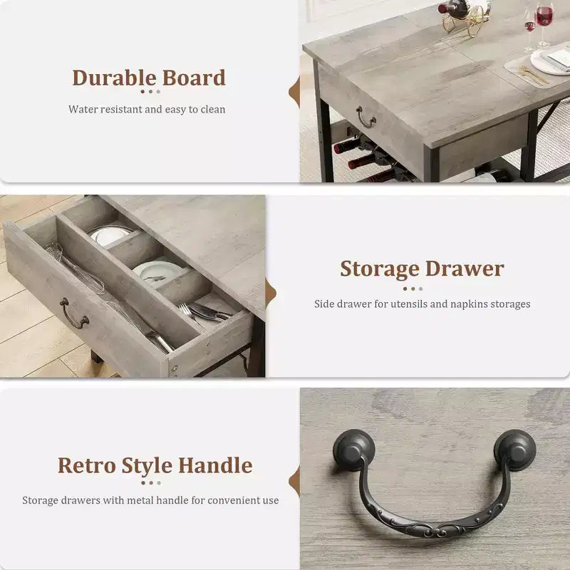 Ensemble table de salle à manger pour 4, table de salle à manger avec tiroirs de rangement et casier à vin, ensemble table de salle à manger de cuisine avec bancs rembourrés pour salle à manger - Gris
