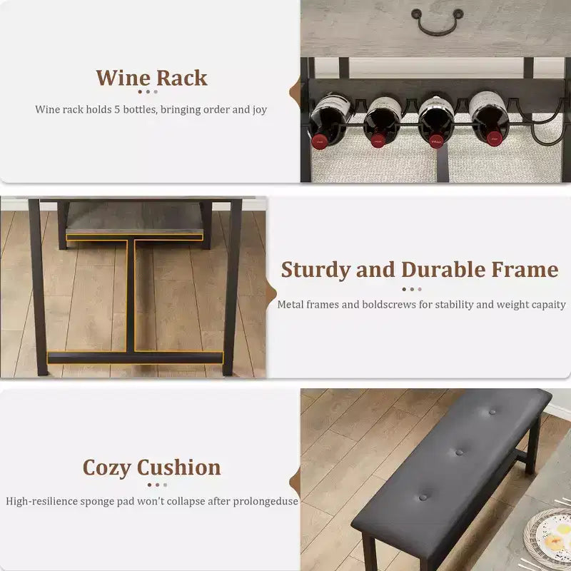 Ensemble table de salle à manger pour 4, table de salle à manger avec tiroirs de rangement et casier à vin, ensemble table de salle à manger de cuisine avec bancs rembourrés pour salle à manger - Gris