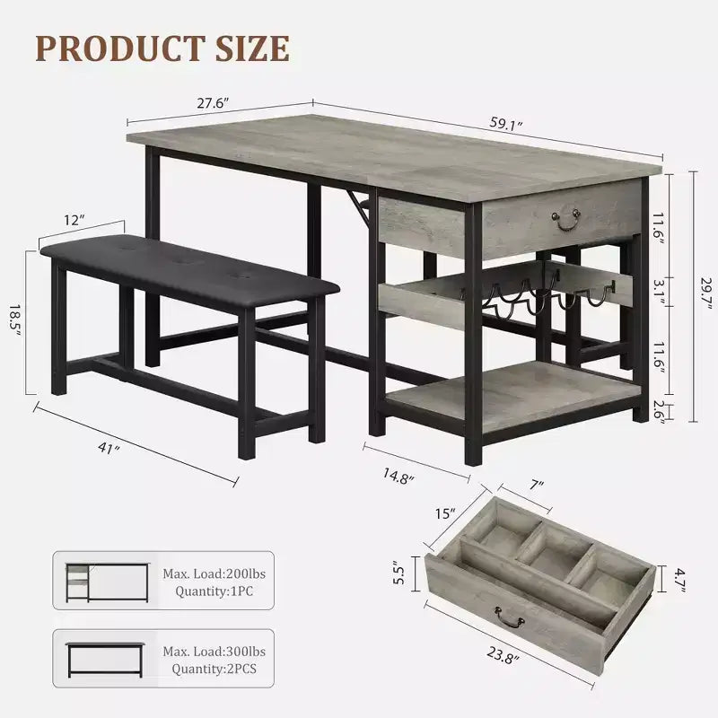 Ensemble table de salle à manger pour 4, table de salle à manger avec tiroirs de rangement et casier à vin, ensemble table de salle à manger de cuisine avec bancs rembourrés pour salle à manger - Gris