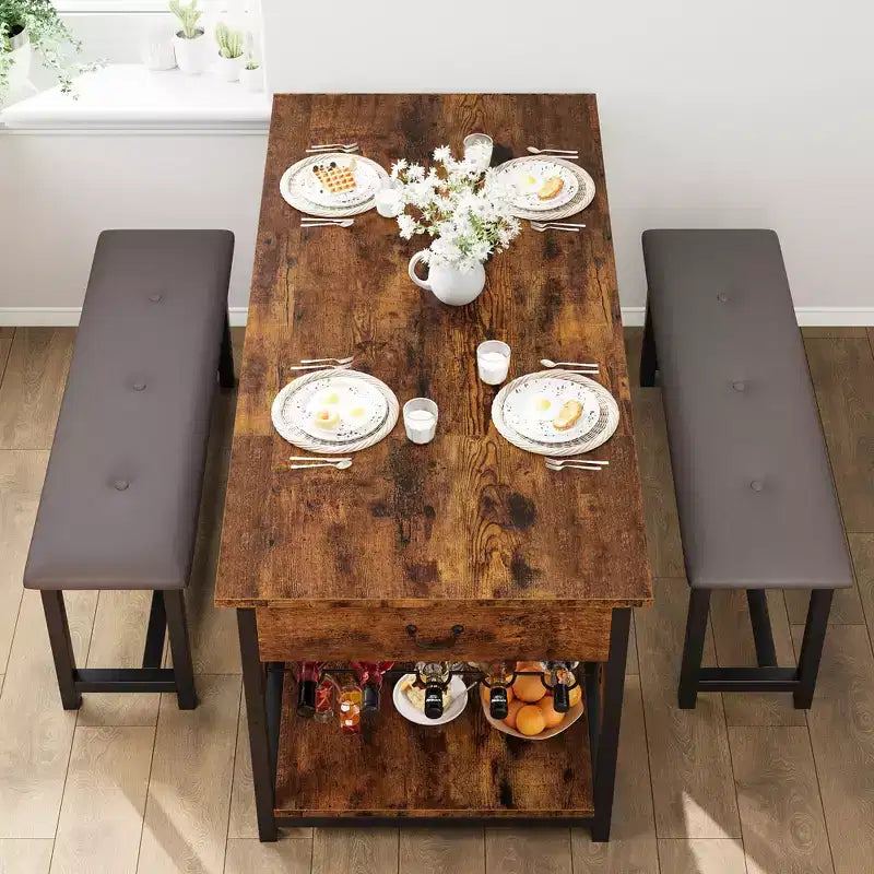 Ensemble table de salle à manger pour 4, table de salle à manger avec tiroirs de rangement et casier à vin, ensemble table de salle à manger de cuisine avec bancs rembourrés pour salle à manger - Gris