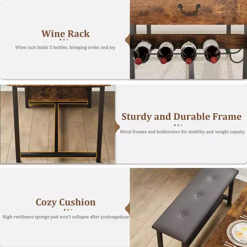 Ensemble table de salle à manger pour 4, table de salle à manger avec tiroirs de rangement et casier à vin, ensemble table de salle à manger de cuisine avec bancs rembourrés pour salle à manger - Gris