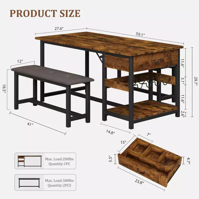 Ensemble table de salle à manger pour 4, table de salle à manger avec tiroirs de rangement et casier à vin, ensemble table de salle à manger de cuisine avec bancs rembourrés pour salle à manger - Gris