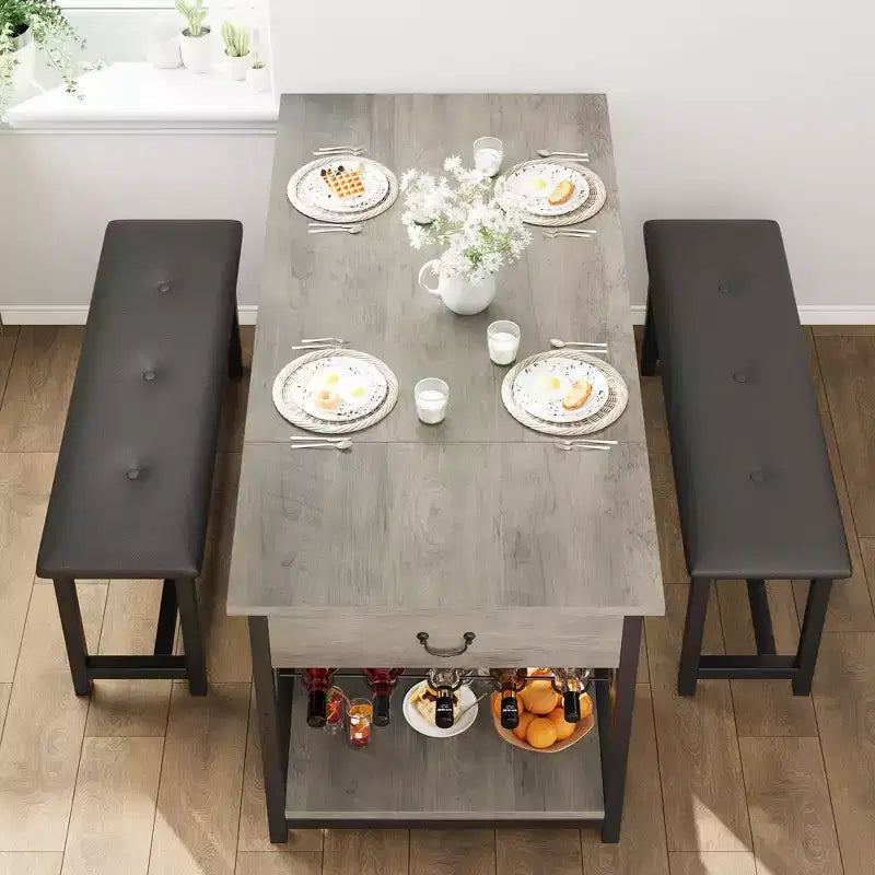 Ensemble table de salle à manger pour 4, table de salle à manger avec tiroirs de rangement et casier à vin, ensemble table de salle à manger de cuisine avec bancs rembourrés pour salle à manger - Gris