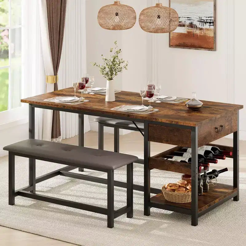 Ensemble table de salle à manger pour 4, table de salle à manger avec tiroirs de rangement et casier à vin, ensemble table de salle à manger de cuisine avec bancs rembourrés pour salle à manger - Gris