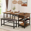 Ensemble table de salle à manger pour 4, table de salle à manger avec tiroirs de rangement et casier à vin, ensemble table de salle à manger de cuisine avec bancs rembourrés pour salle à manger - Gris