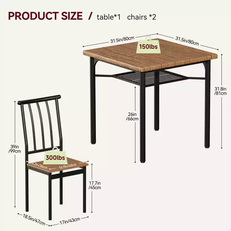 Ensemble table à manger pour 2 personnes, table de cuisine carrée avec 2 tabourets et étagère de rangement, table de petit-déjeuner en bois pour petit espace de salon