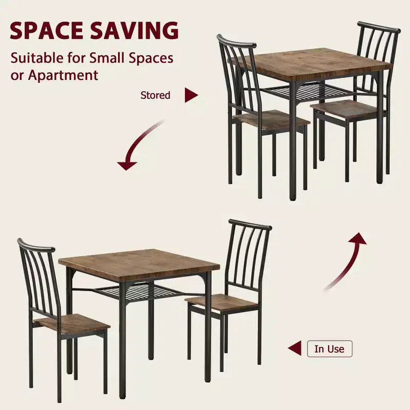 Ensemble table à manger pour 2 personnes, table de cuisine carrée avec 2 tabourets et étagère de rangement, table de petit-déjeuner en bois pour petit espace de salon