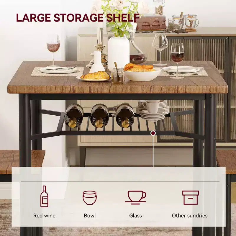 Ensemble table à manger pour 2 personnes, table de cuisine carrée avec 2 tabourets et étagère de rangement, table de petit-déjeuner en bois pour petit espace de salon
