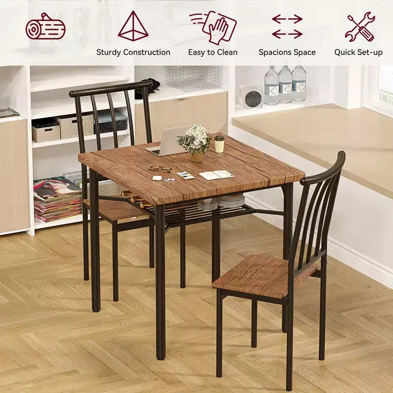 Ensemble table à manger pour 2 personnes, table de cuisine carrée avec 2 tabourets et étagère de rangement, table de petit-déjeuner en bois pour petit espace de salon