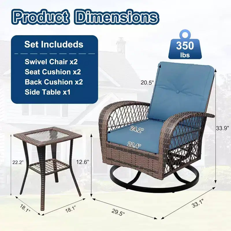 Ensemble table et chaises en osier 3 pièces GustoWave avec coussins et table basse pour patio, véranda, piscine