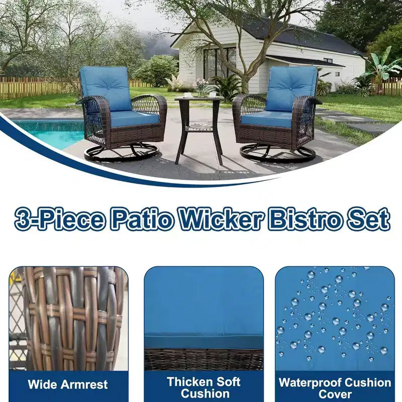 Ensemble table et chaises en osier 3 pièces GustoWave avec coussins et table basse pour patio, véranda, piscine