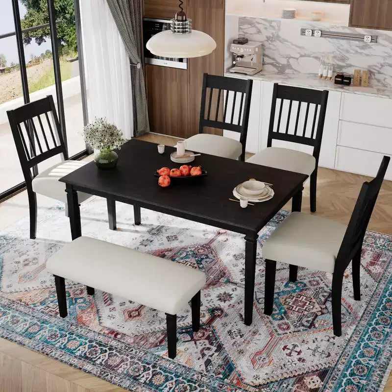 Ensemble de salle à manger de ferme pour 6 personnes, 6 pièces : table rectangulaire en bois et 4 chaises avec banc pour la cuisine
