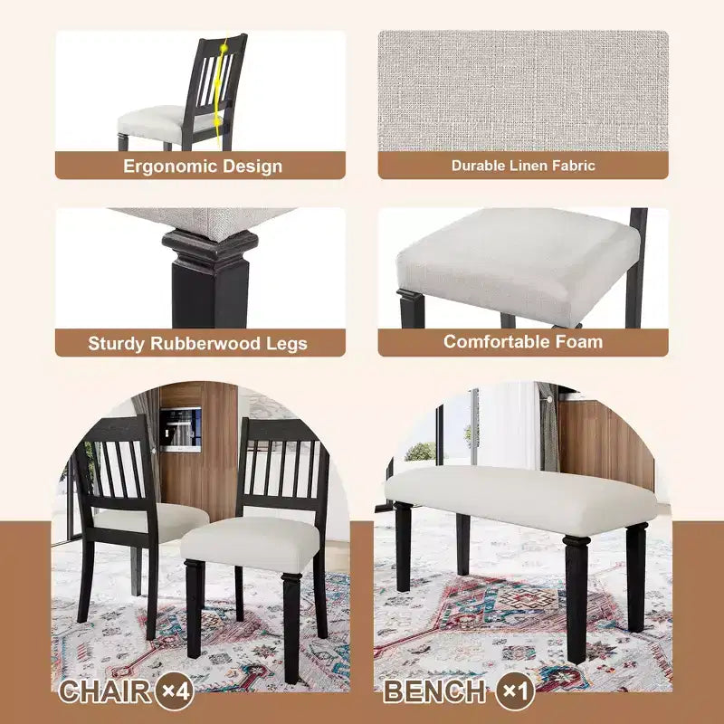 Ensemble de salle à manger de ferme pour 6 personnes, 6 pièces : table rectangulaire en bois et 4 chaises avec banc pour la cuisine