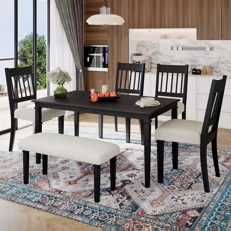 Ensemble de salle à manger de ferme pour 6 personnes, 6 pièces : table rectangulaire en bois et 4 chaises avec banc pour la cuisine