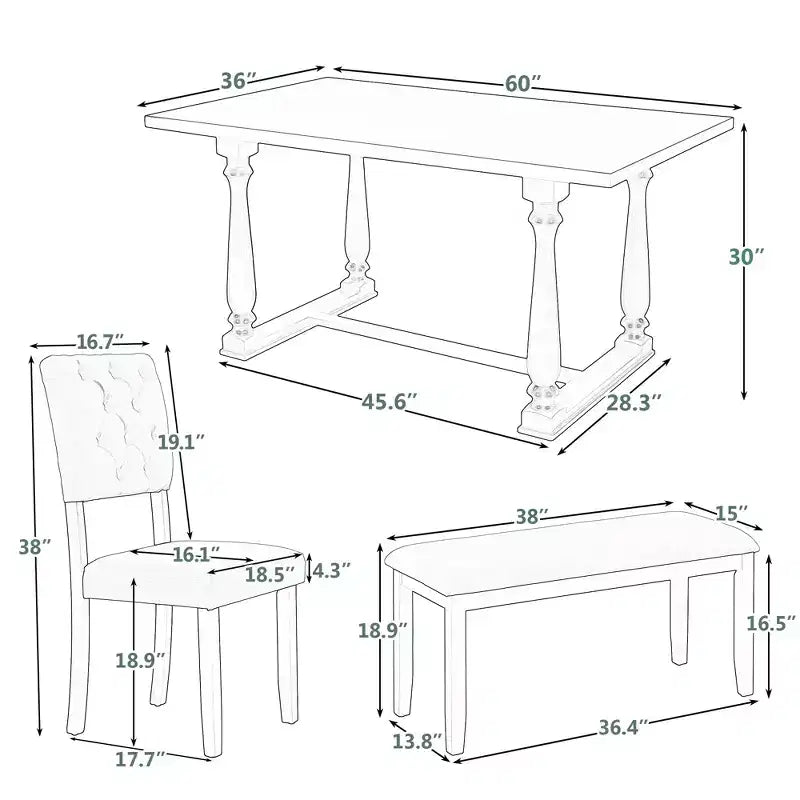 Ensemble de salle à manger 6 places avec banc, table rectangulaire et 4 chaises rembourrées pour la cuisine