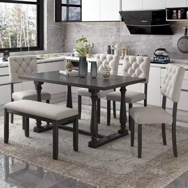 Ensemble de salle à manger 6 places avec banc, table rectangulaire et 4 chaises rembourrées pour la cuisine