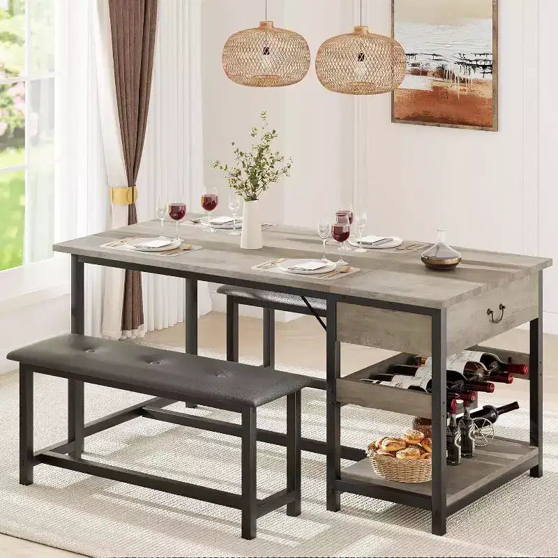 Ensemble de salle à manger pour 4 avec tiroirs de rangement et casier à vin, ensemble de table de cuisine avec bancs rembourrés pour salle à manger, cuisine