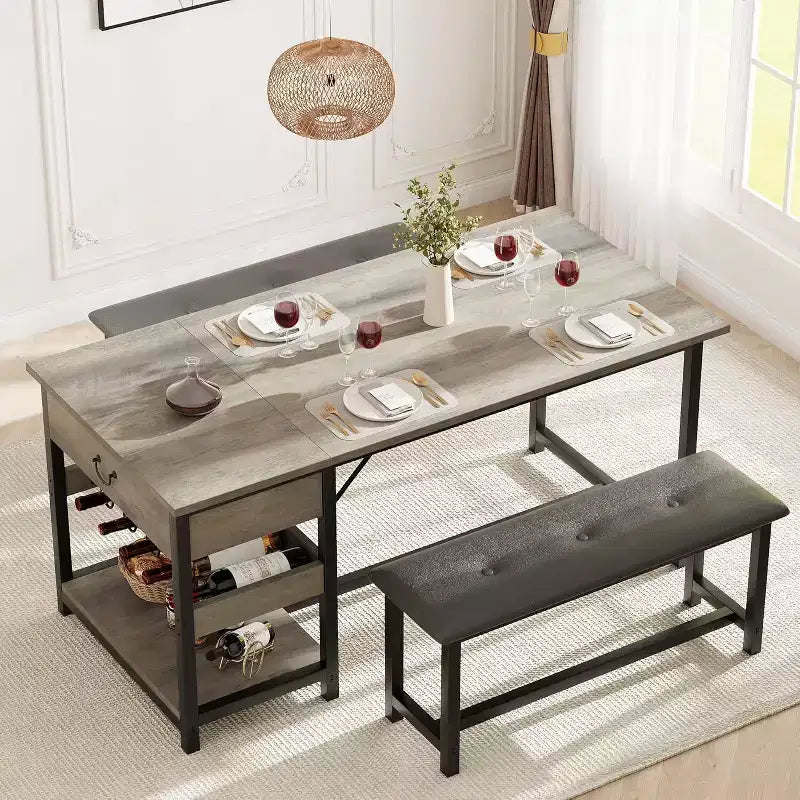 Ensemble de salle à manger pour 4 avec tiroirs de rangement et casier à vin, ensemble de table de cuisine avec bancs rembourrés pour salle à manger, cuisine