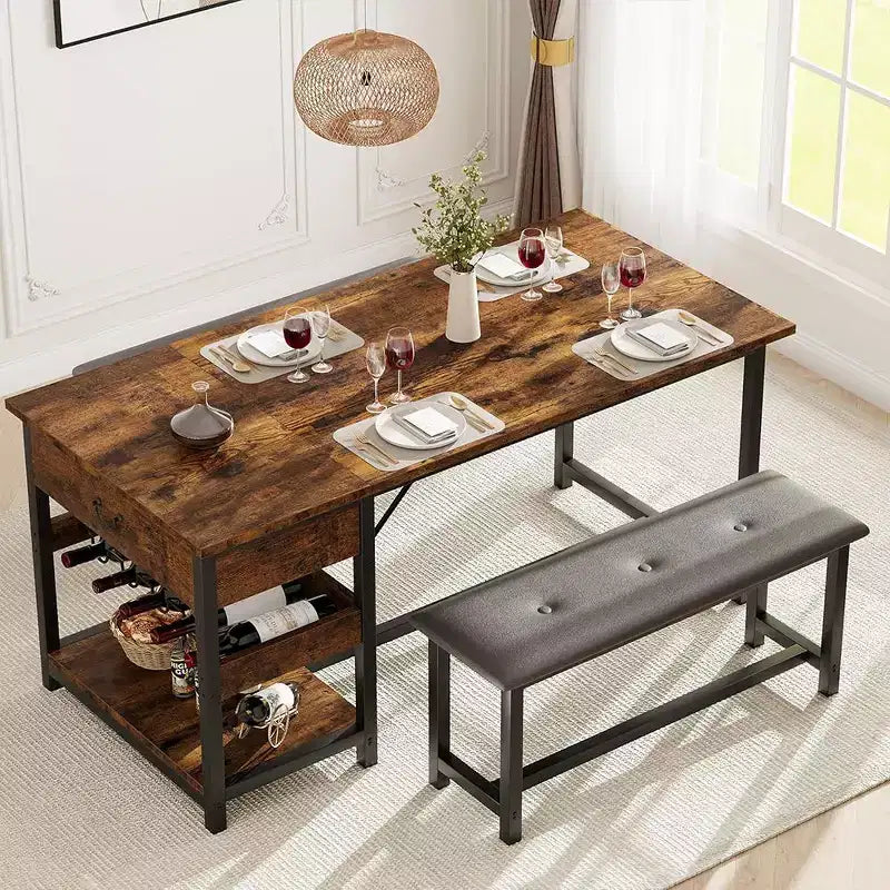 Ensemble de salle à manger pour 4 avec tiroirs de rangement et casier à vin, ensemble de table de cuisine avec bancs rembourrés pour salle à manger, cuisine