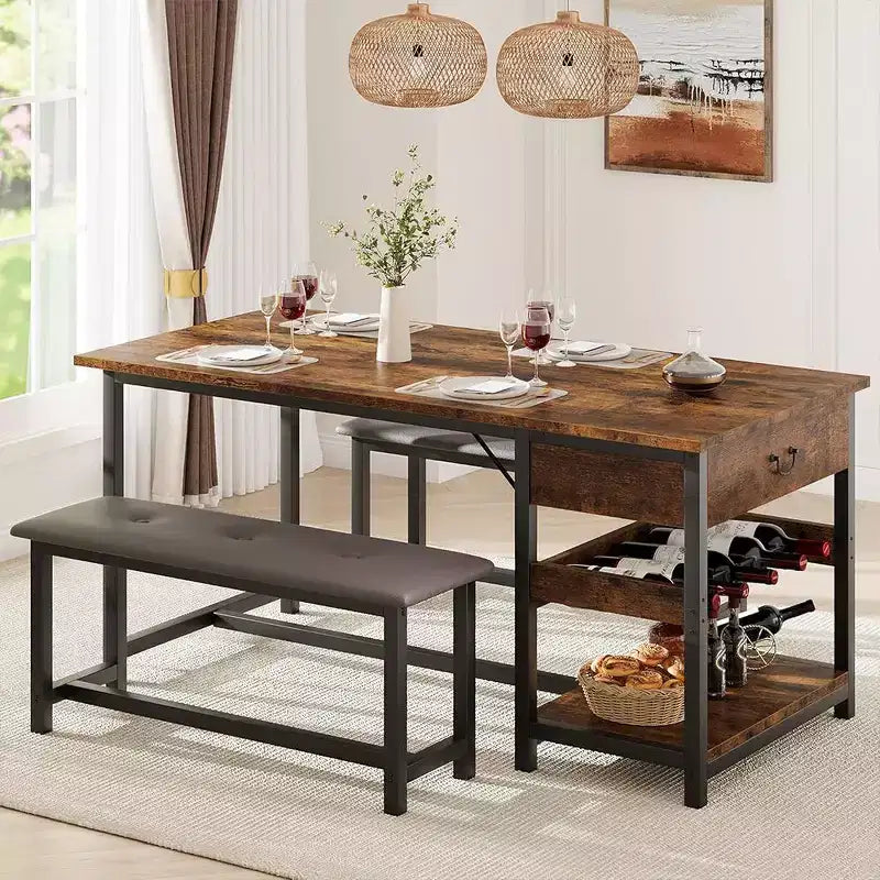 Ensemble de salle à manger pour 4 avec tiroirs de rangement et casier à vin, ensemble de table de cuisine avec bancs rembourrés pour salle à manger, cuisine