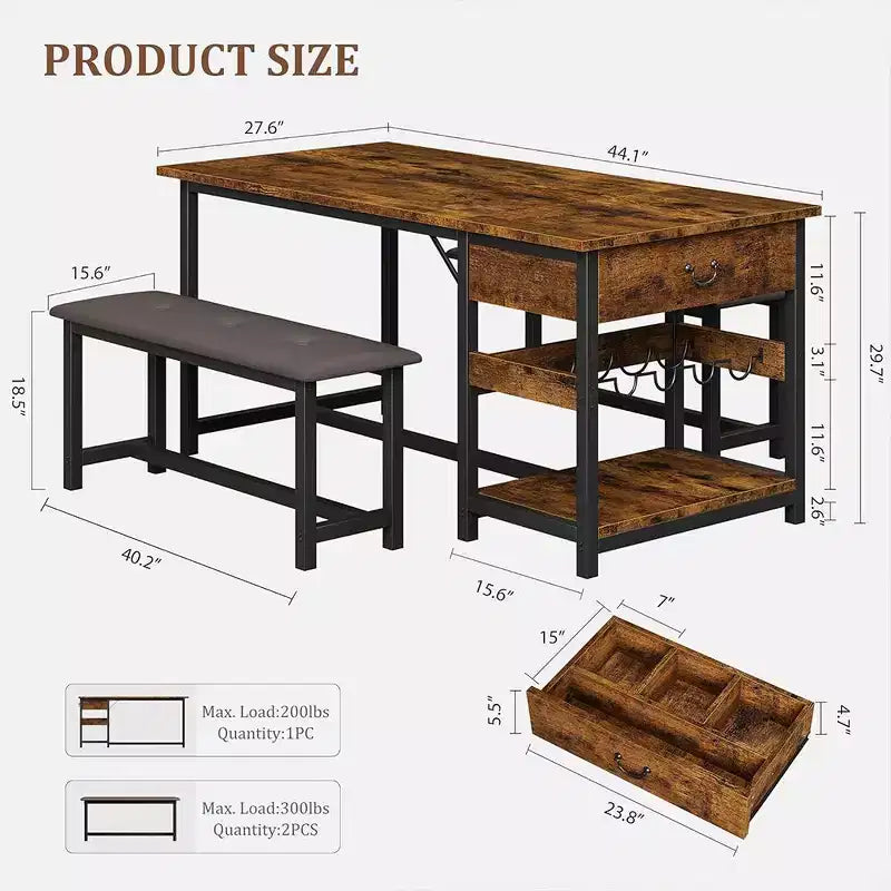 Ensemble de salle à manger pour 4 avec tiroirs de rangement et casier à vin, ensemble de table de cuisine avec bancs rembourrés pour salle à manger, cuisine