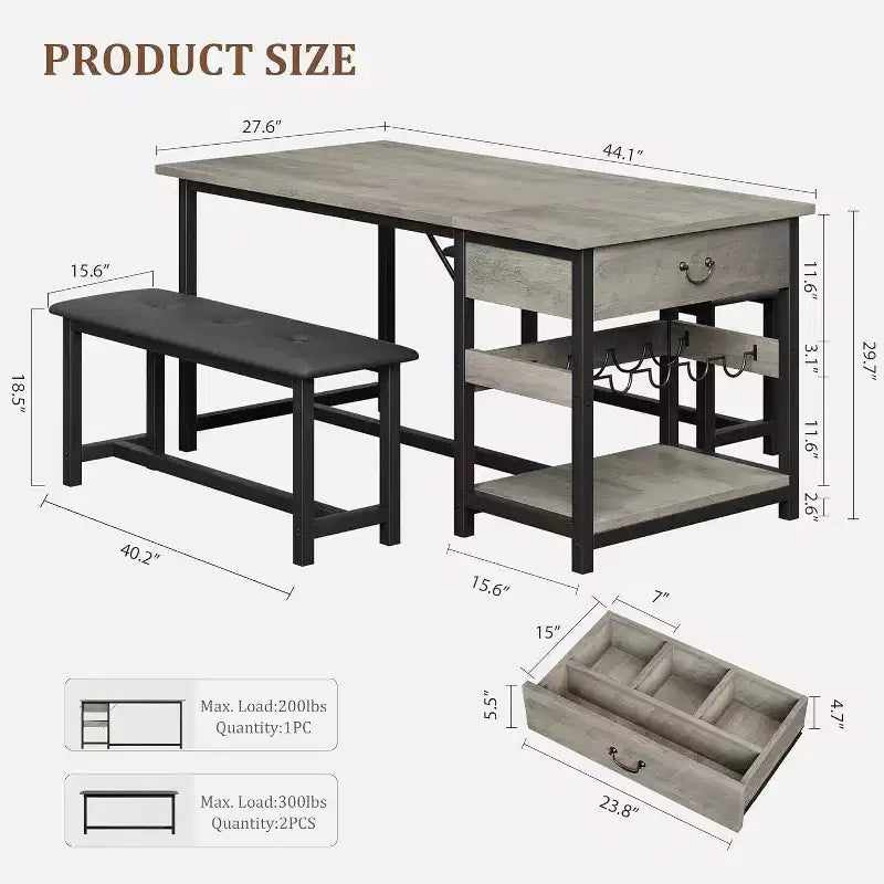 Ensemble de salle à manger pour 4 avec tiroirs de rangement et casier à vin, ensemble de table de cuisine avec bancs rembourrés pour salle à manger, cuisine
