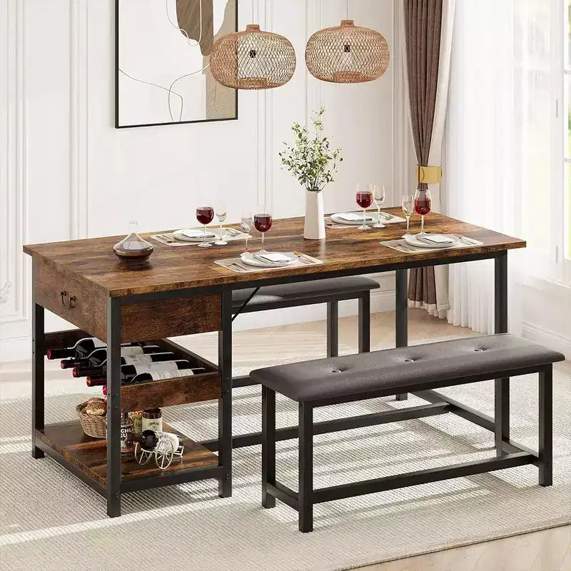 Dining Table Set for 4 with Storage Drawers & Wine Rack, Kitchen Table Set with Upholstered Benches for Dining Room, Kitchen