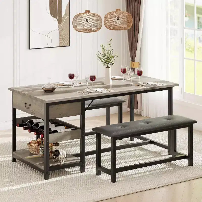 Ensemble de salle à manger pour 4 avec tiroirs de rangement et casier à vin, ensemble de table de cuisine avec bancs rembourrés pour salle à manger, cuisine