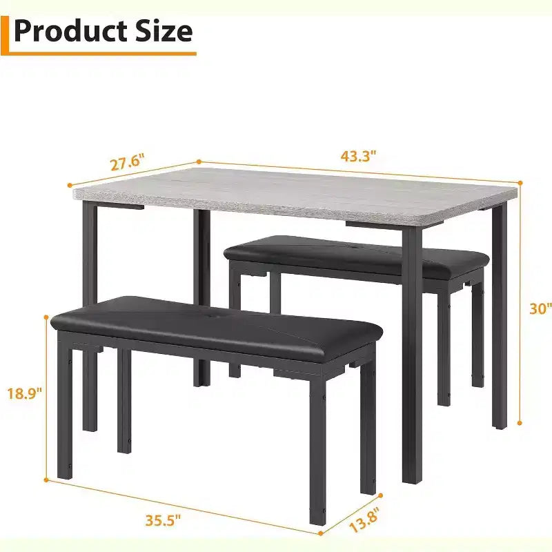 43.3 Ensemble de Table de Salle à Manger pour 4 avec 2 Bancs Rembourrés et Souples Cadre en Métal Ensemble de Table de Cuisine Rectangulaire 3 Pièces Gain de Place pour la Maison