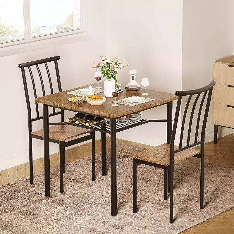 Ensemble de salle à manger rustique 3 pièces - Table carrée et 2 chaises avec porte-bouteilles, petite cuisine